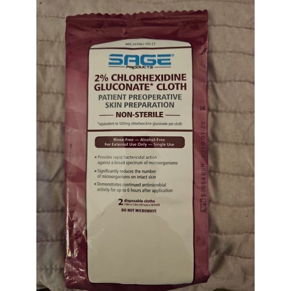Sage 2% Chlorhexidine Gluconate Cloth Patient Pre Op Skin Prep Wipes (2)